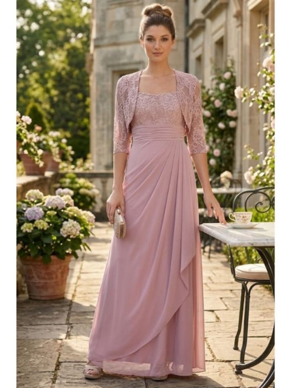 Clearance Dusty Rose Long Mother Of The Bride Lace Chiffon Jacket Dress By 3094